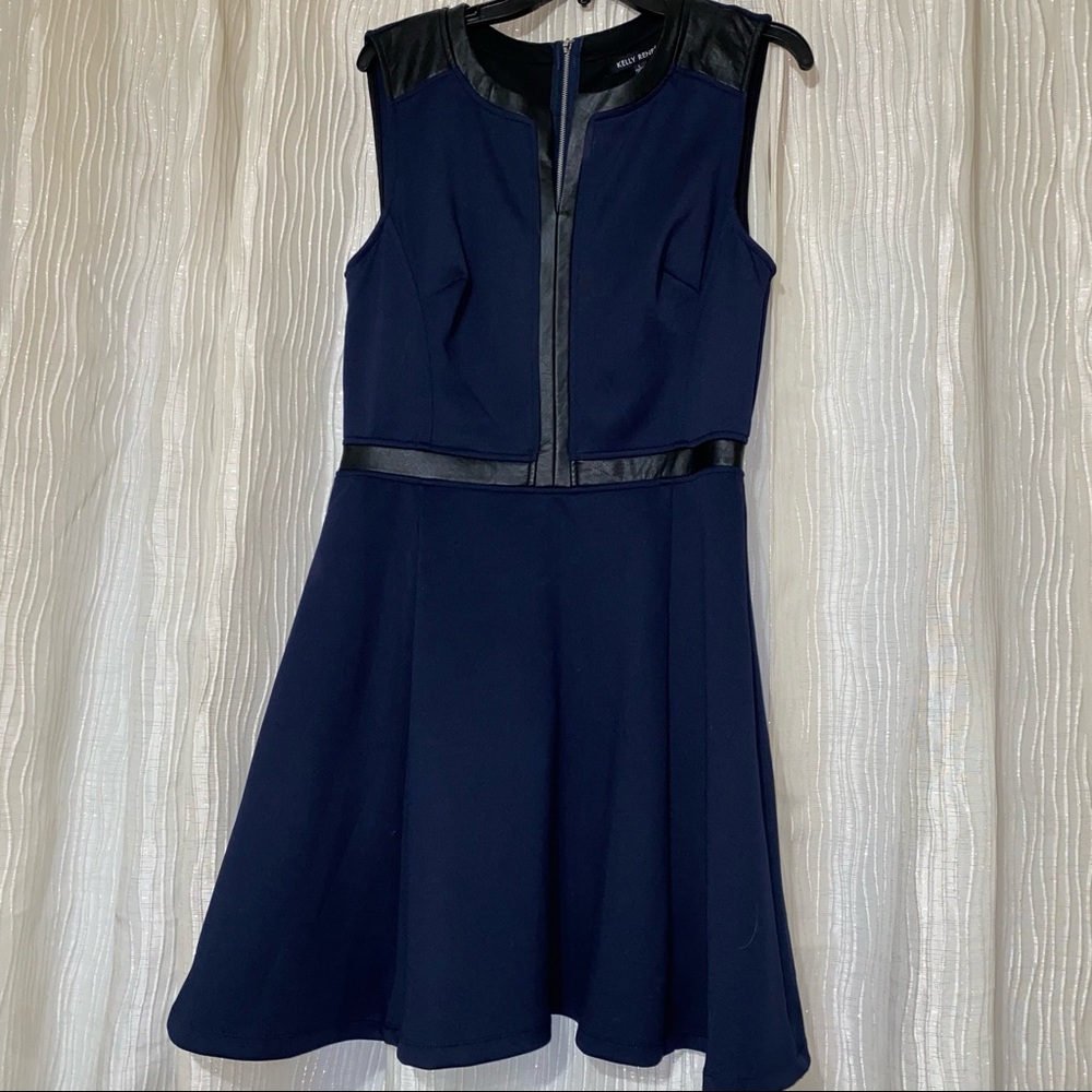 Navy fit & flare faux leather sleeveless dress